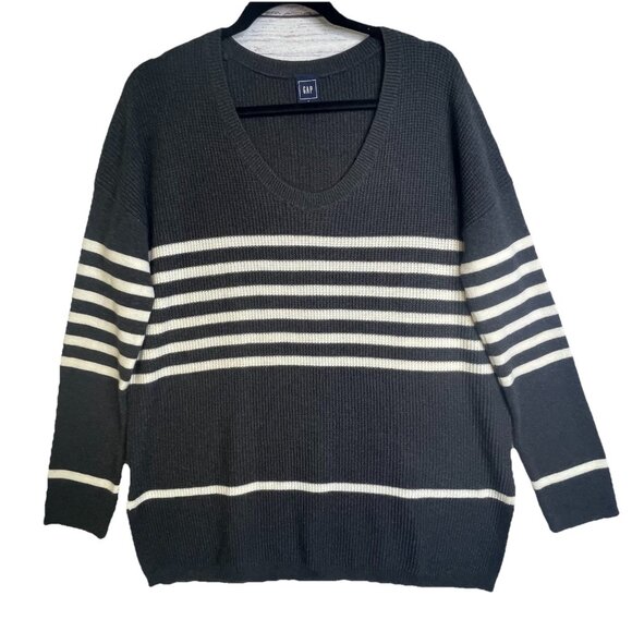 Gap Women's Sweater Size L Wool Blend Gray White Striped Long Sleeve - Picture 1 of 14